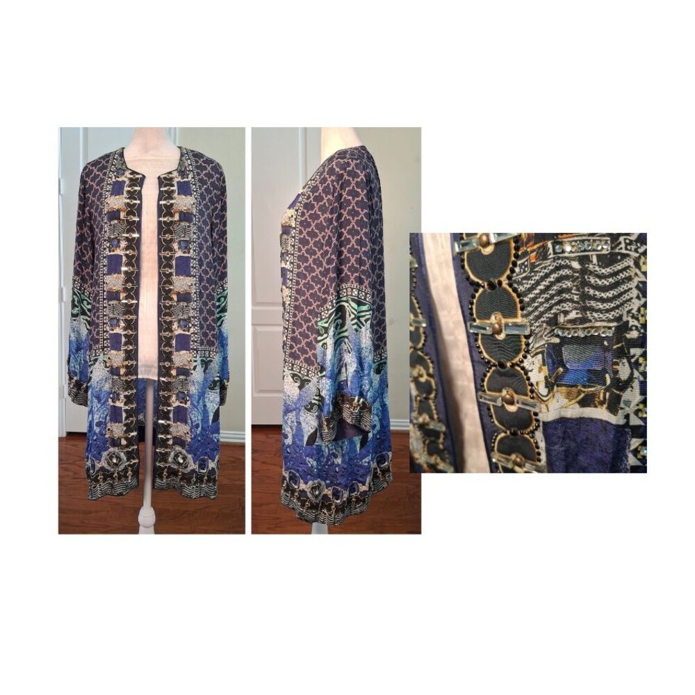 Sapphire 100% Silk Kimono Duster Blue Women M Glass Bead Studded Artsy Boho Luxe